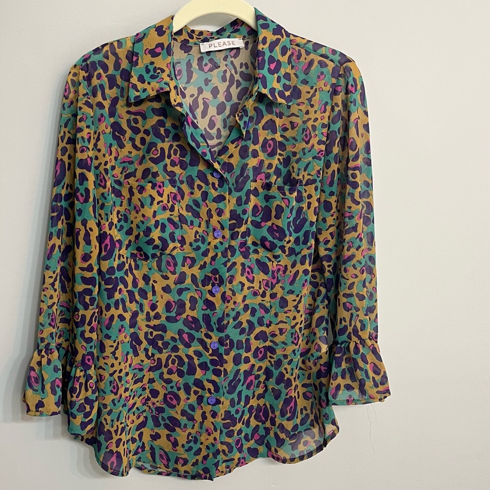 Please Multicolor Leopard Print Button Down Top